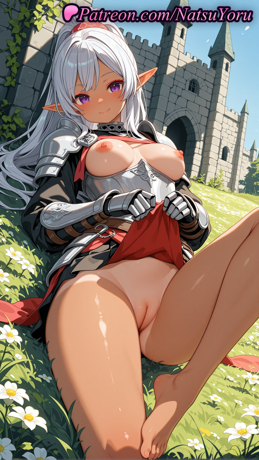 1girl 1girl 1girls 2025 ai ai_assisted ai_generated aisha_udgard anime anime_style armor asian bangs bare_legs barefoot big_breasts big_breasts black_skirt blush bottomless breasts breasts_apart breasts_out bust castle cleft_of_venus closed_mouth clothes_lift dark-skinned_female dark_elf dark_skin day elf elf_ears feet female_focus female_only flower foot_fetish foot_out_of_frame gauntlets genjitsu_shugi_yuusha_no_oukoku_saikenki grass hentai high_quality high_res high_res high_resolution knee_up legs lifted_by_self lipstick long_hair long_sleeves looking_at_viewer lying makeup medium_breasts natsuyoru nipples nipples_outside no_panties non-asian nopan on_back on_grass outside paipan pale_skin patreon pauldrons pleated_skirt pointed_ears pointy_ears ponytail purple_eyes pussy pussy red_skirt shaved_vagina shoulder_armor silver_hair skirt skirt_lift sky smile solo_female stable_diffusion tan tan_line thighs toenails toes uncensored uncensored_nipples vambraces voluptuous voluptuous_female white_flower white_hair