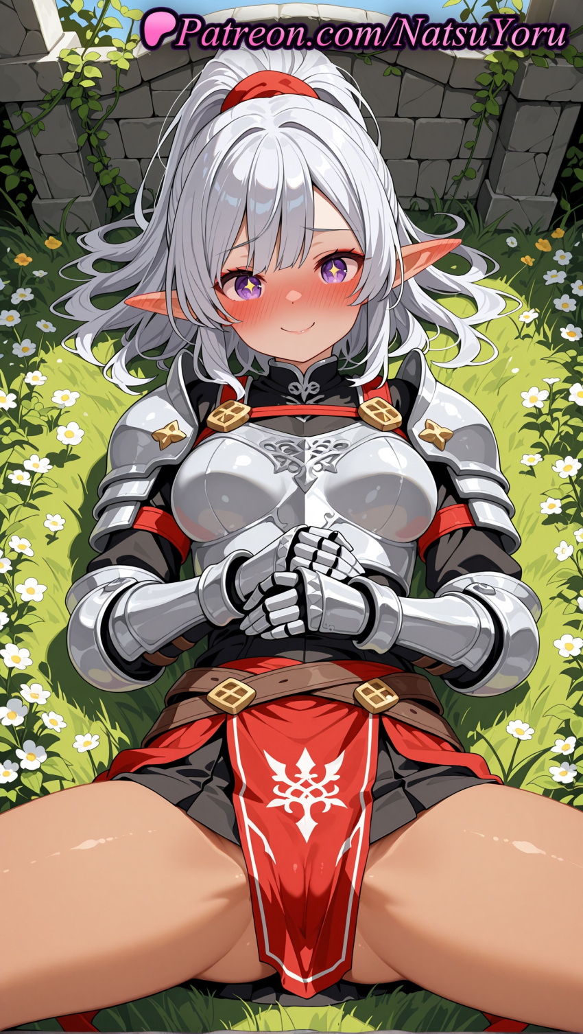 1girl 1girl 1girls 2025 ai ai_assisted ai_generated aisha_udgard anime anime_style armor ass_visible_through_thighs bangs belt big_breasts black_shirt black_skirt blush boobplate breastplate breasts bust cameltoe closed_mouth dark-skinned_female dark_elf dark_skin elf elf_ears female_focus female_only flower gauntlets genjitsu_shugi_yuusha_no_oukoku_saikenki grass grey_hair hands_on_own_stomach heart-shaped_pupils hentai high_quality high_res high_res high_resolution long_hair looking_at_viewer lying medium_breasts miniskirt natsuyoru on_back outside own_hands_together patreon pauldrons pelvic_curtain pleated_skirt pointed_ears pointy_ears ponytail purple_eyes shirt shoulder_armor silver_hair skirt smile solo_female spread_legs stable_diffusion sword symbol-shaped_pupils thighs voluptuous voluptuous_female white_flower white_hair