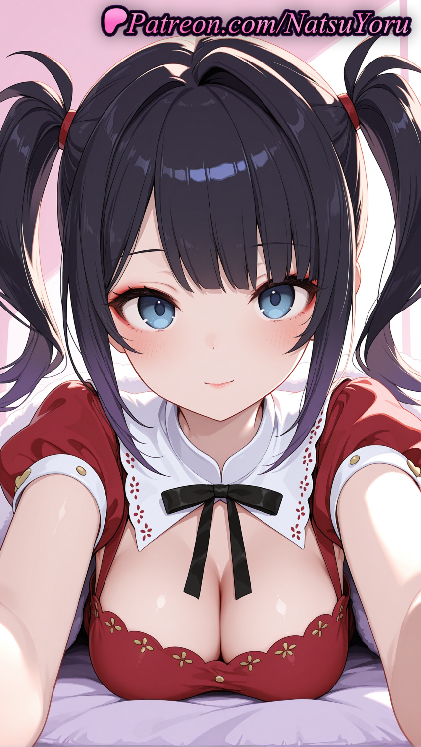 1girl 1girl 1girls 2025 ai ai_assisted ai_generated ame-chan anime anime_style asian bangs bed big_breasts big_breasts black_hair black_ribbon blue_eyes blush bow breasts bust cleavage cleavage_cutout closed_mouth clothing clothing_cutout collar detached_collar dress female_focus female_only female_solo hentai high_quality high_res high_res high_resolution koikatsu lips long_hair looking_at_viewer lying makeup medium_breasts natsuyoru neck_ribbon needy_girl_overdose needy_streamer_overload on_stomach outstretched_arms patreon puffy_short_sleeves puffy_sleeves reaching reaching_towards_viewer red_dress red_shirt ribbon short_sleeves sidelocks smile solo_female stable_diffusion twin_tails upper_body voluptuous voluptuous_female