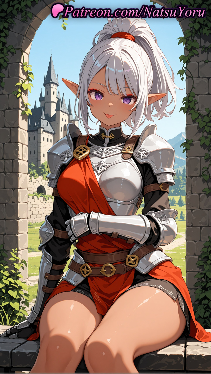 1girl 1girl 1girls 2025 ai ai_assisted ai_generated aisha_udgard anime anime_style arch armor bangs bare_legs belt big_breasts black_shorts blue_sky boobplate breastplate breasts bust castle chainmail dark-skinned_female dark_elf dark_skin day elf elf_ears feet_out_of_frame female_focus female_only gauntlets genjitsu_shugi_yuusha_no_oukoku_saikenki gloves hentai high_ponytail high_quality high_res high_res high_resolution long_hair looking_at_viewer natsuyoru oiled outside patreon pauldrons plant pointed_ears pointy_ears ponytail purple_eyes shiny shorts shoulder_armor silver_hair sitting sky smile solo_female stable_diffusion thighs tongue tongue_out voluptuous voluptuous_female white_hair