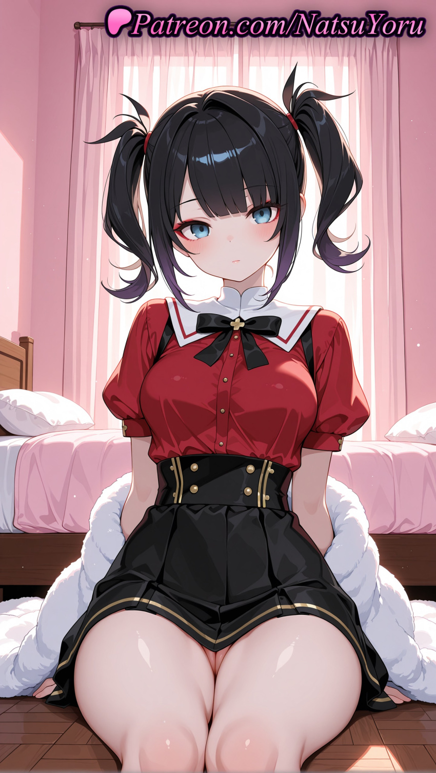1girl 1girl 1girls 2025 ai ai_assisted ai_generated ame-chan anime anime_style asian bangs bed bedroom big_breasts black_bow black_bowtie black_hair black_ribbon black_skirt blouse blue_eyes blunt_bangs blush bow bowtie breasts bust buttons cleft_of_venus closed_mouth clothing coat collared_shirt curtains double-breasted east_asian expressionless feet_out_of_frame female_focus female_only female_solo fur_coat gradient_hair hair_tie head_tilt hentai high-waist_skirt high_quality high_res high_res high_resolution indoors jacket jirai_kei koikatsu legs lips looking_at_viewer medium_breasts medium_hair miniskirt multicolored_hair natsuyoru needy_girl_overdose needy_streamer_overload no_panties off_shoulder on_bed on_floor panties panties patreon pillow pleated_skirt puffy_short_sleeves puffy_sleeves pussy pussy_peek red_shirt ribbon sailor_collar shirt shirt_tucked_in short_sleeves sidelocks sitting skirt solo_female stable_diffusion suspender_skirt suspenders thighs tied_hair twin_tails uncensored underwear voluptuous voluptuous_female white_coat window wooden_floor
