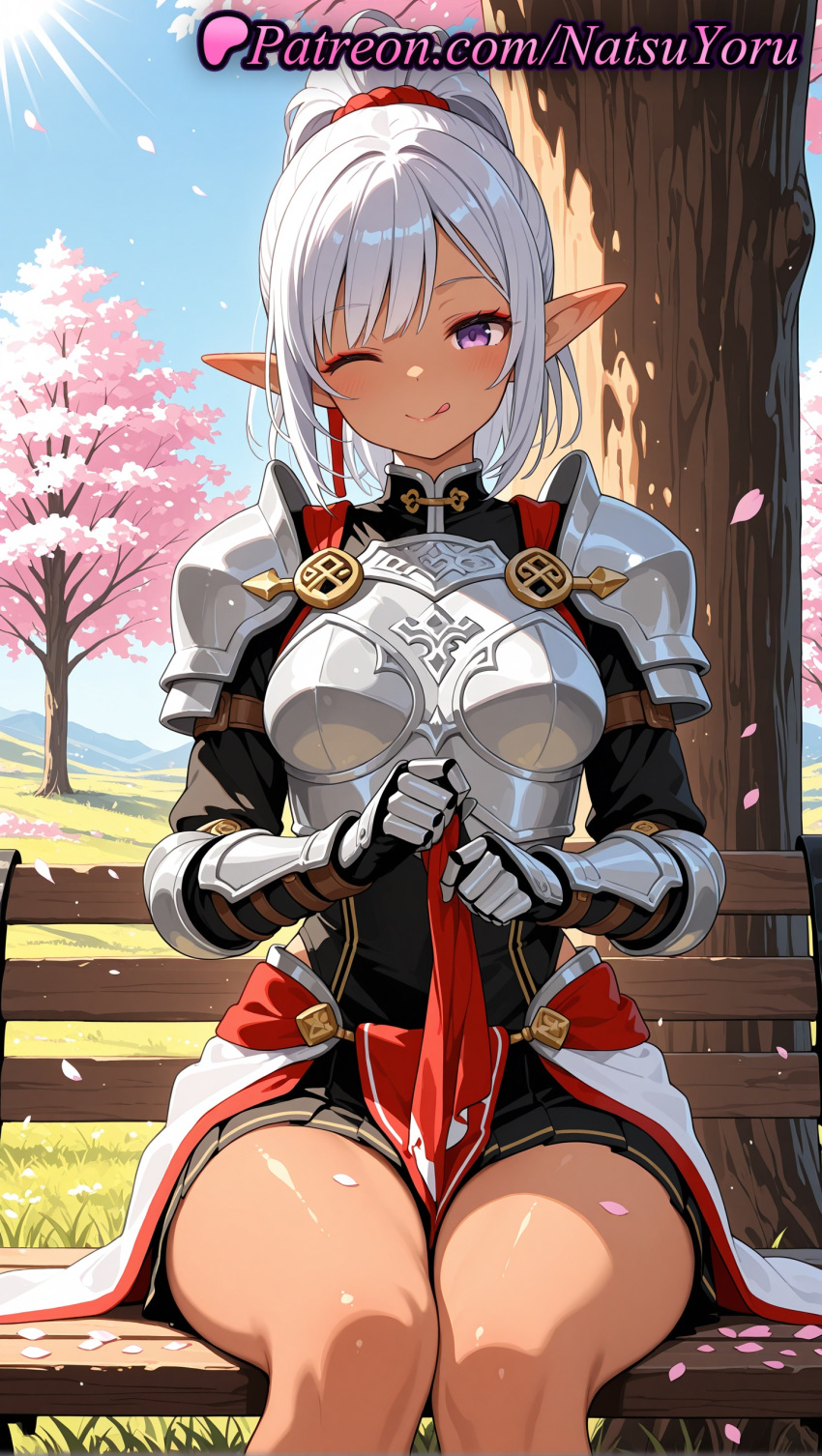 1girl 1girl 1girls 2025 ai ai_assisted ai_generated aisha_udgard anime anime_style armor bangs bench big_breasts black_skirt blue_sky blush boobplate breastplate breasts bust cherry_blossoms closed_mouth dark-skinned_female dark_elf dark_skin day elf elf_ears falling_petals faulds feet_out_of_frame female_focus female_only gauntlets genjitsu_shugi_yuusha_no_oukoku_saikenki grass hair_ornament hentai high_quality high_res high_res high_resolution long_hair looking_at_viewer medium_breasts natsuyoru oiled one_eye_closed outside patreon pauldrons pelvic_curtain petals pleated_skirt pointed_ears pointy_ears ponytail purple_eyes shiny shoulder_armor silver_hair sitting sitting_on_bench skirt sky smile solo_female stable_diffusion thighs tongue tongue_out tree vambraces voluptuous voluptuous_female white_hair