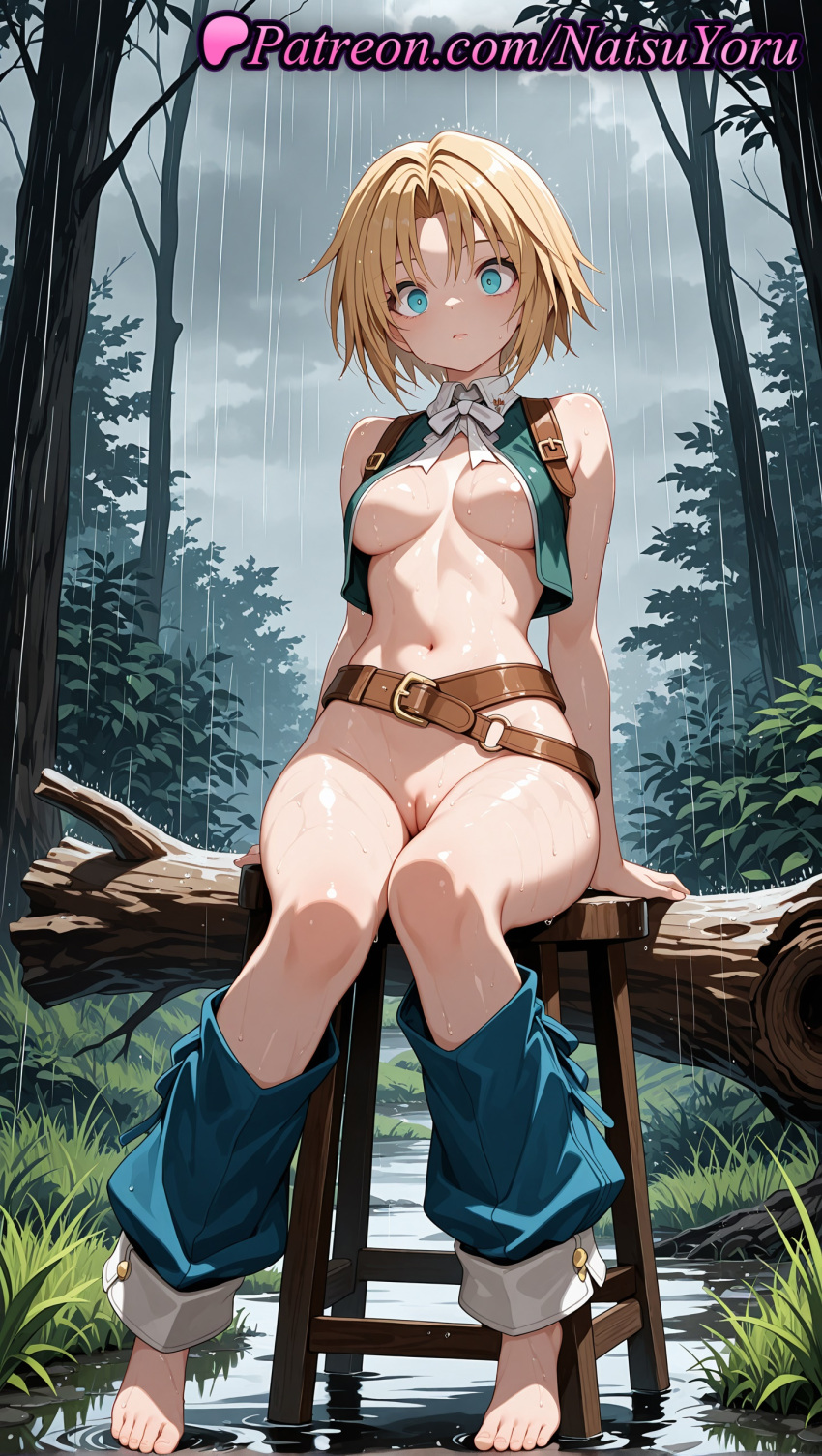 1girl 1girl 1girls 2025 ai ai_assisted ai_generated anime anime_style aqua_eyes areola_slip bare_arms bare_shoulders barefoot belt big_breasts blonde_hair blue_eyes blush bottomless breasts breasts_apart brown_belt bust cleft_of_venus closed_mouth cloud cloudy_sky day feet female_focus female_only final_fantasy final_fantasy_ix foot_fetish forest full_body genderswap genderswap_(mtf) grass green_vest grey_sky hentai high_quality high_res high_res high_resolution knees_together_feet_apart leg_warmers leggings legs log looking_at_viewer medium_breasts natsuyoru nature navel nipples nipples_outside no_bra non-asian open_clothes open_vest outside parted_bangs patreon pussy pussy rain ribbon ripples shaved_vagina shirt short_hair sitting sky sleeveless solo_female stable_diffusion stomach stool thighs toenails toes tree tree_stump uncensored uncensored_nipples under_boob vest voluptuous voluptuous_female water wet white_bow zidane_tribal