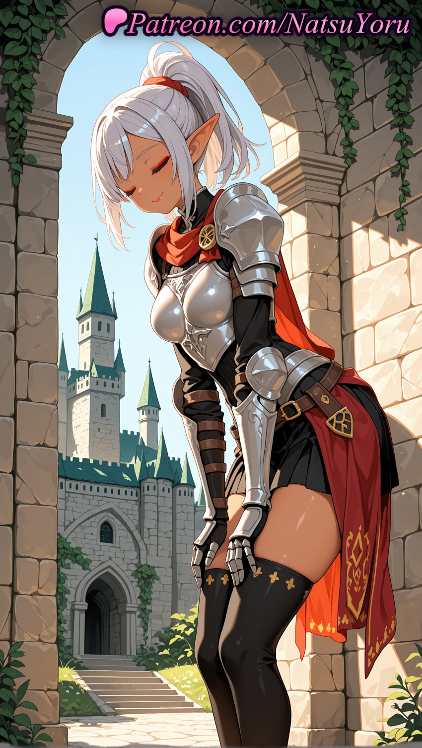 1girl 1girl 1girls 2025 ai ai_assisted ai_generated aisha_udgard anime anime_style arch armor bangs belt big_breasts black_legwear black_skirt black_thighhighs boobplate breastplate breasts brick_wall bust cape castle closed_eyes closed_mouth dark-skinned_female dark_elf dark_skin day elf elf_ears eyeshadow female_focus female_only gauntlets genjitsu_shugi_yuusha_no_oukoku_saikenki hair_ornament hair_scrunchie hentai high_ponytail high_quality high_res high_res high_resolution ivy knight leaning_forward makeup medium_breasts miniskirt natsuyoru oiled outside patreon pauldrons pleated_skirt pointed_ears pointy_ears ponytail red_cape shoulder_armor silver_hair skirt sky smile solo_female stable_diffusion standing stockings thighs vambraces voluptuous voluptuous_female white_hair zettai_ryouiki