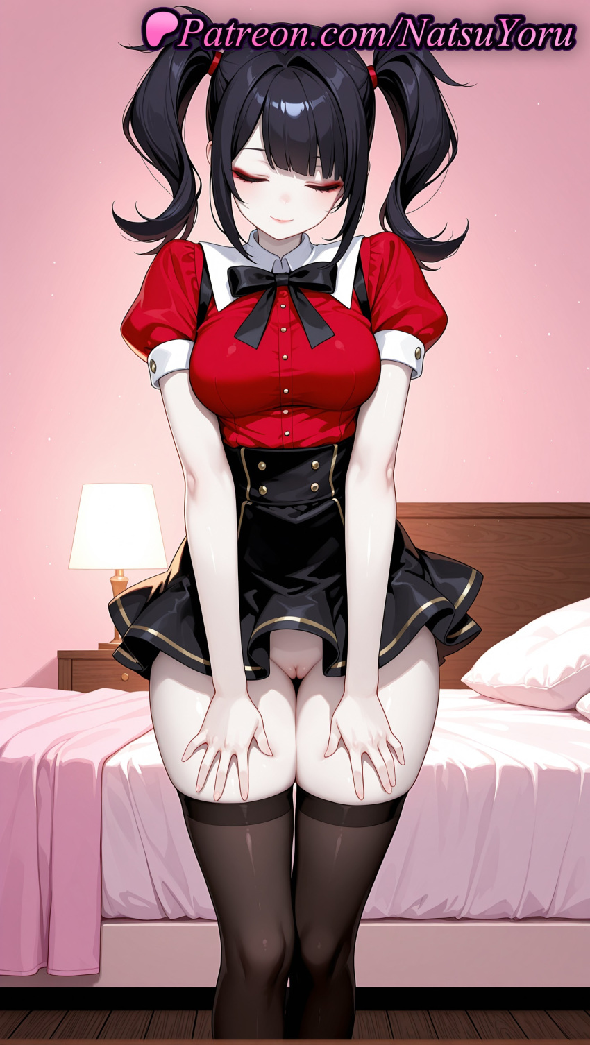 1girl 1girl 1girls 2025 ai ai_assisted ai_generated ame-chan anime anime_style ass_visible_through_thighs bangs bed bedroom big_breasts big_breasts black_bow black_bowtie black_hair black_legwear black_skirt black_thighhighs blouse bow bowtie breasts bust buttons cleft_of_venus closed_eyes closed_mouth clothes_lift collared_shirt facing_viewer feet_out_of_frame female_focus female_only hair_tie hentai high_quality high_res high_res high_resolution indoors jirai_kei koikatsu lamp legs legwear long_hair makeup medium_breasts natsuyoru needy_girl_overdose needy_streamer_overload no_panties nopan on_bed pale_skin patreon pillow puffy_short_sleeves puffy_sleeves pussy pussy red_shirt ribbon shirt shirt_tucked_in short_sleeves skindentation skirt smile solo_female stable_diffusion standing stockings stockings suspender_skirt suspenders thigh_gap thighs twin_tails uncensored voluptuous voluptuous_female wooden_floor