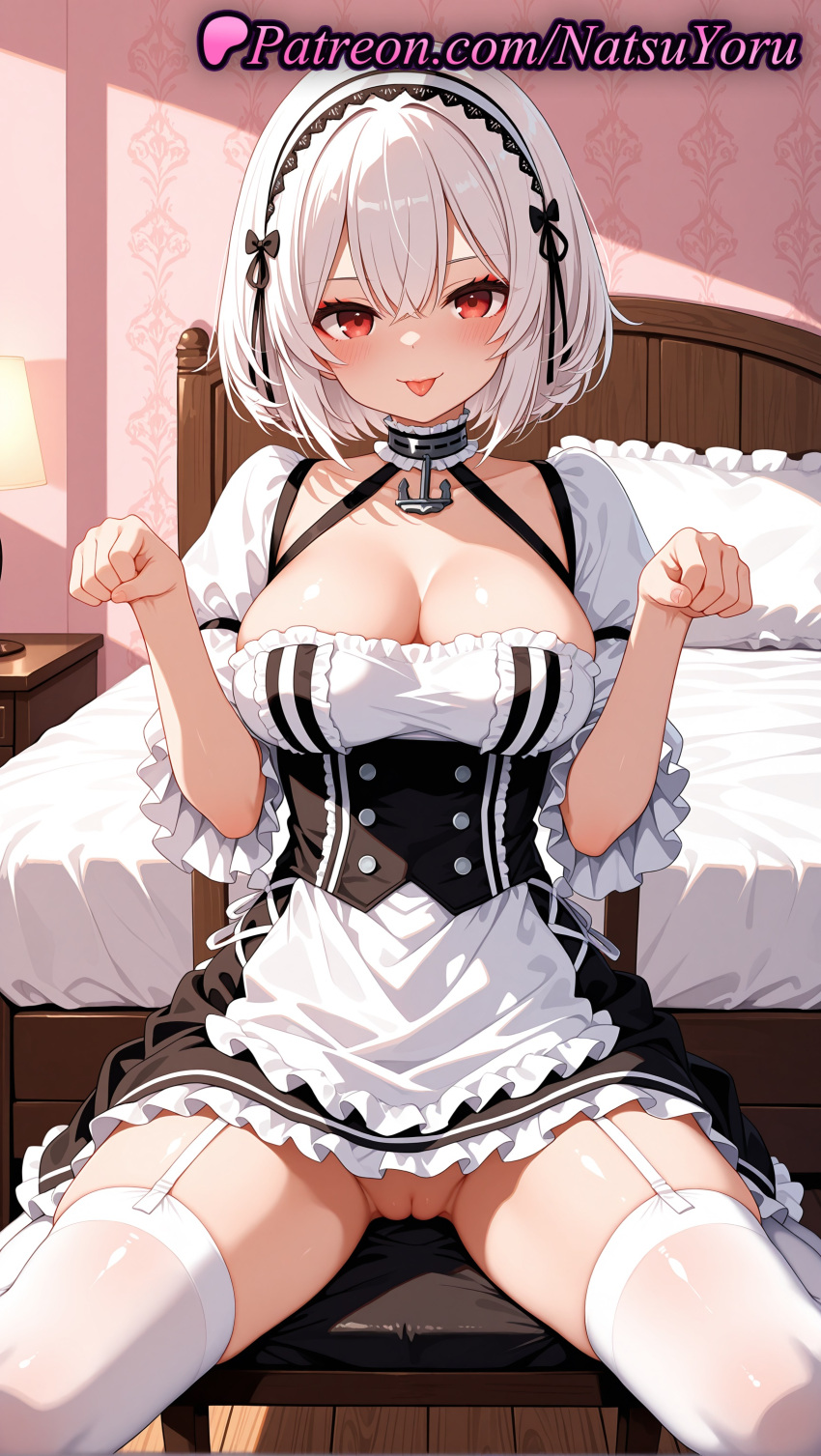 1girl 1girl 1girls 2025 ai ai_assisted ai_generated anchor_choker anime anime_style apron asian azur_lane bangs bed bedroom big_breasts big_breasts black_dress blush breasts bust choker cleavage cleft_of_venus clothing collarbone dress female_focus female_only female_solo frilled_apron frilled_choker frilled_dress frilled_hairband frilled_sleeves frills garter_belt garter_straps hair_between_eyes hairband hands_up hentai high_quality high_res high_res high_resolution indoors lamp looking_at_viewer maid maid_headdress maid_uniform natsuyoru no_panties on_bed patreon paw_pose pillow puffy_short_sleeves puffy_sleeves pussy pussy red_eyes short_hair short_sleeves sirius_(azur_lane) sitting skirt smile solo_female stable_diffusion stockings thighs tongue tongue_out two-tone_dress uncensored voluptuous voluptuous_female waist_apron wariza white_apron white_dress white_garter_straps white_hair white_legwear white_thighhighs