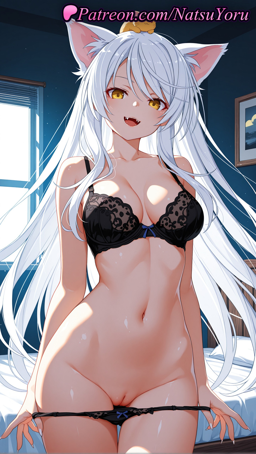 1girl 1girl 1girls 2025 ai ai_assisted ai_generated animal_ear_fluff animal_ears animal_on_head anime anime_style bakemonogatari bangs bare_shoulders bed bedroom big_breasts big_breasts bird_on_head black_bra black_hanekawa black_panties bow bow_bra bow_panties bra breasts bust cat_ears cat_girl chick cleavage cleft_of_venus collarbone cowboy_shot fangs female_focus female_only hanekawa_tsubasa hentai high_quality high_res high_res high_resolution indoors lace-trimmed_bra legs lingerie long_hair long_nails looking_at_viewer medium_breasts monogatari_(series) nail_polish natsuyoru navel non-asian object_on_head on_head open_mouth paipan panties panties panty_pull patreon pulled_by_self pussy pussy slit_pupils smile solo_female stable_diffusion standing stomach thigh_gap thighs uncensored underwear underwear_only undressing very_long_hair voluptuous voluptuous_female white_hair window yellow_eyes